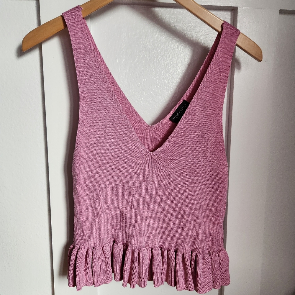 Topshop Women's Pink Woven‎ Deep V Neck Cropped Peplum Ruffle Tank Top Size US 8